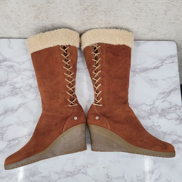 Ugg Felicity Brown Suede Wedge Boots with Real Sherpa Sheepskin Cuff And Footbed - Picture 10 of 16